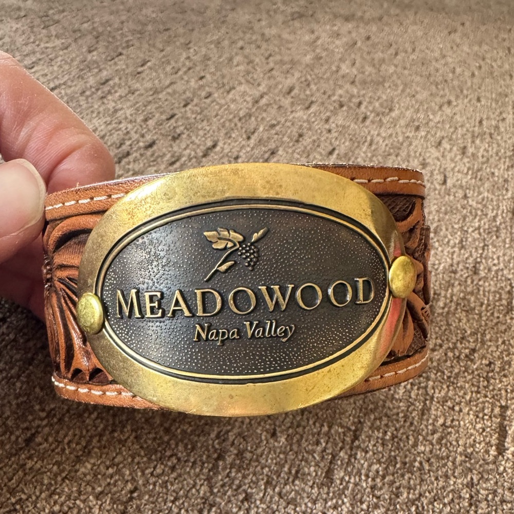 Brown Hand Tooled Leather Bracelet with metal plaque from Meadowood Napa Valley